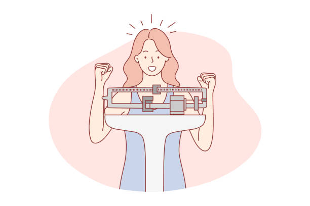 Health, diet, weight, goal achievement, success concept Health, diet, weight, goal achievement, success concept. Young happy woman girl stand on scale delighted to lose excess kilogramms on diet. Reaching purpose and winning or accomplishment illustration. diets stock illustrations