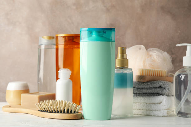 istock Composition with hair care products on wooden table. Blank space for label 1220732011