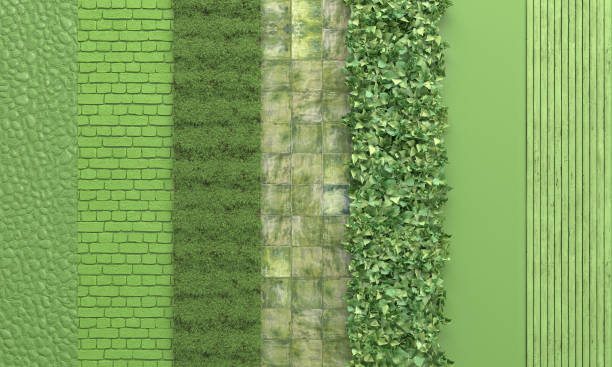 Green wall with set textures of stone, brick masonry, grass, tile, wooden board, vertical gardening.  Green background. 3D rendering Green wall with set textures of stone, brick masonry, grass, tile, wooden board, vertical gardening.  Green background. 3D rendering green building blocks stock pictures, royalty-free photos & images