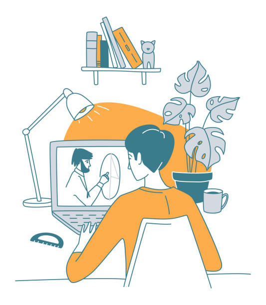 Young man at the desk is learning online. Young man at the desk is learning online. E-learning, listening to the lesson, whatch the video and communicating. Vector illustration doodles, thin line art sketch style concept clip art of how to draw a train stock illustrations