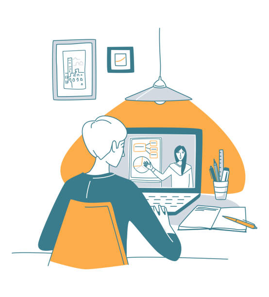 Young man at the desk is learning online. Young man at the desk is learning online. E-learning, listening to the lesson, whatch the video and communicating. Vector illustration doodles, thin line art sketch style concept clip art of how to draw a train stock illustrations