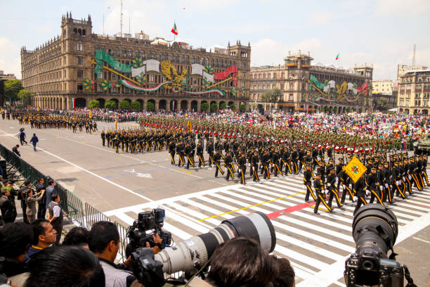 Hundreds of soldiers march during the Independence Day Military Parade in the heart of Mexico City stock photo