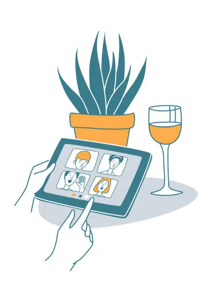 Vector illustration of Video call friends, wine glass, plant, hands holding tablet