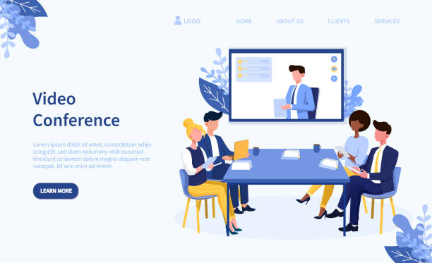 illustrations, cliparts, dessins animés et icônes de thème de la vidéoconférence et équipe dans l’appel en ligne - info board
