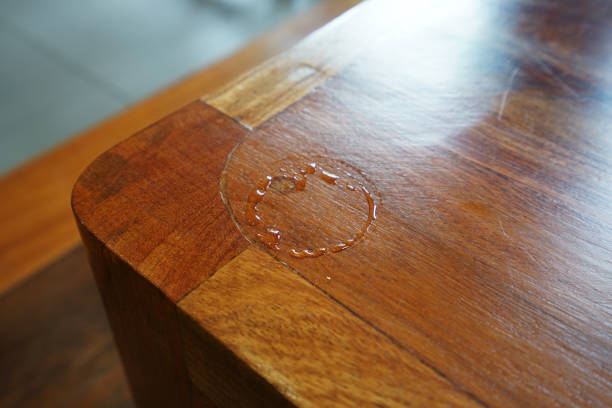 istock Close up Water ring on wooden tray table 1220733319