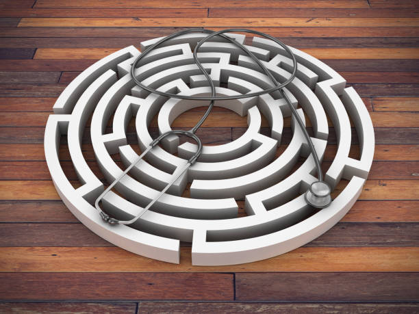 istock Circular Maze with Stethoscope on Wood Floor - 3D Rendering 1220734323