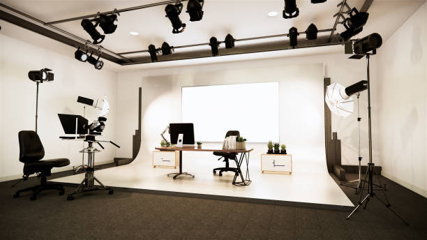 istock News studio white room design Backdrop for TV shows.3D rendering 1220734414