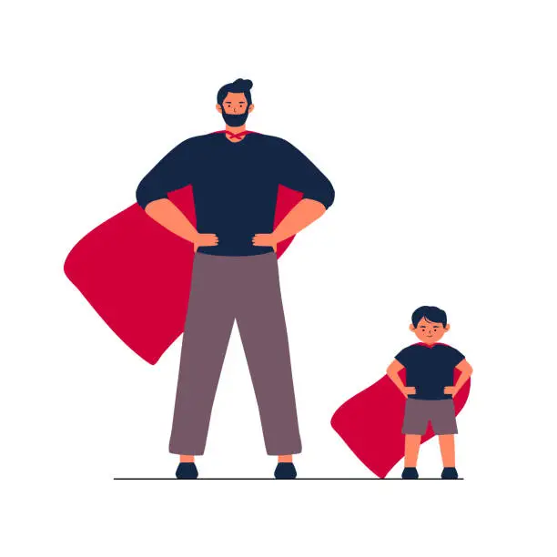 Vector illustration of father and children in superhero red blue suit. Happy Fathers Day. Dad is my hero family people character illustration. future career. childhood. trust and values. family day. Father and son future.