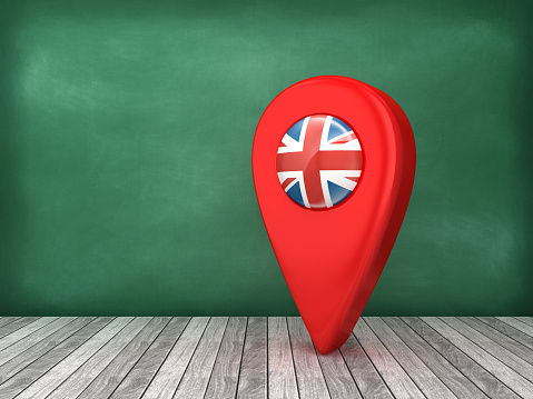 GPS Marker with UK Flag on Chalkboard - 3D Rendering