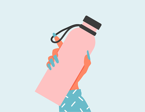 Closeup Woman holding a reusable water bottle. World Environment day and Earth day concept. Empty Glass bottle in woman hand. Zero waste flat illustration. Woman hand holding a drinking water bottles.