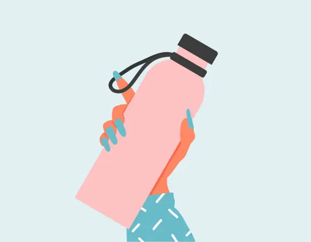 Vector illustration of Closeup Woman holding a reusable water bottle. World Environment day and Earth day concept. Empty Glass bottle in woman hand. Zero waste flat illustration. Woman hand holding a drinking water bottles.