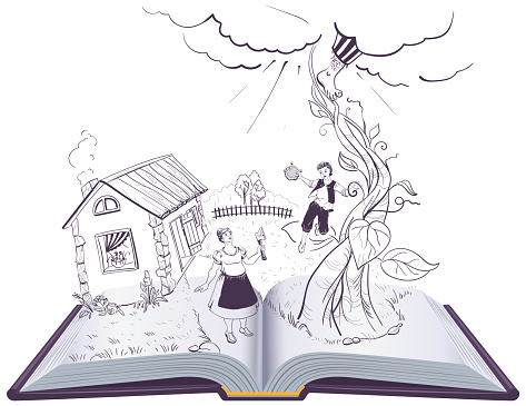 Jack and the Beanstalk open book illustration english fairy tale. Vector isolated on white