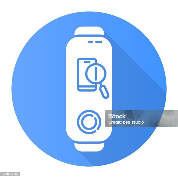 Fitness Tracker Met Smartphone Finder Blauw Plat Ontwerp Lange Schaduw Glyph Pictogram Wellness Gadget Met Verloren Mobiele Telefoon Locatie Identificatie Telefoon Met Vergrootglasteken De Silhouetillustratie Van De Vector Stockvectorkunst en meer beelden van Apparatuur