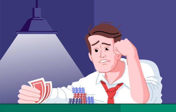 Gambling addiction flat vector illustration. Casino entertainment dependence. Gamblers failure, bad luck day. Obsessed poker player frustrated about losing card game cartoon character Gambling addiction flat vector illustration. Casino entertainment dependence. Gamblers failure, bad luck day. Obsessed poker player frustrated about losing card game cartoon character poker player stock illustrations