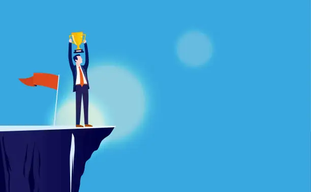 Vector illustration of Business goal - Successful man on cliff holding a trophy over his head