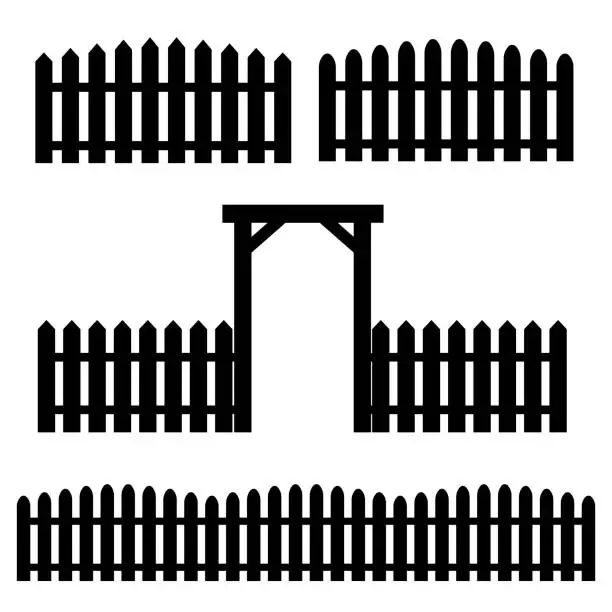 Vector illustration of Fences, three pieces of different types, black, with gates. Vector illustration. Stock drawing.