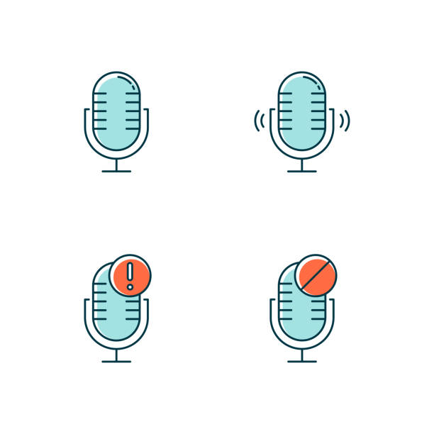 파란색 마이크 연결 문제 색상 아이콘 설정. 사운드 녹음 실수 아이디어. 음성 녹음 장비. 팟 캐스트 기술. 휴대용 마이크. 오류 알림. 격리된 벡터 일러스트레이션 - mics stock illustrations