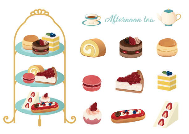 ilustraciones, imágenes clip art, dibujos animados e iconos de stock de conjunto de ilustraciones vectoriales del té de la tarde - pastel