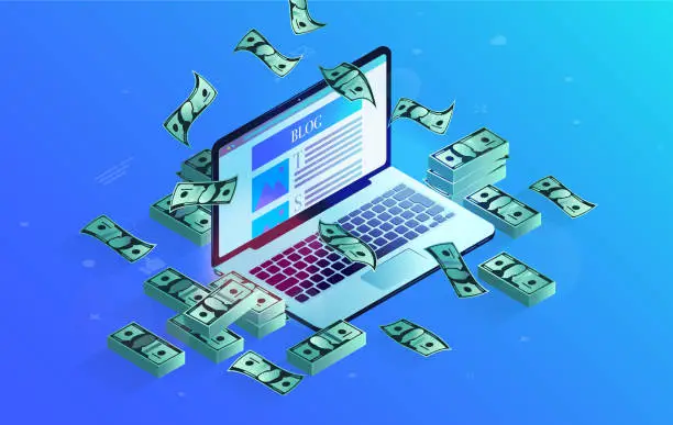 Vector illustration of Earn money on your blog - Laptop computer with blog website on screen
