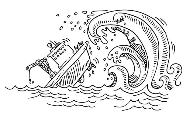 Sinking Ship Angry Wave Drawing Hand-drawn vector drawing of a Sinking Ship and an Angry Wave. Black-and-White sketch on a transparent background (.eps-file). Included files are EPS (v10) and Hi-Res JPG. sinking boat stock illustrations
