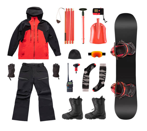 Snowboard clothes and avalanche equipment Flat lay of snowboard clothes, accessories and avalanche equipment isolated on white background avalanche beacon stock pictures, royalty-free photos & images