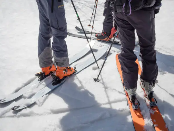 Group of active people on mountain skis and splitboard ski touring at winter day
