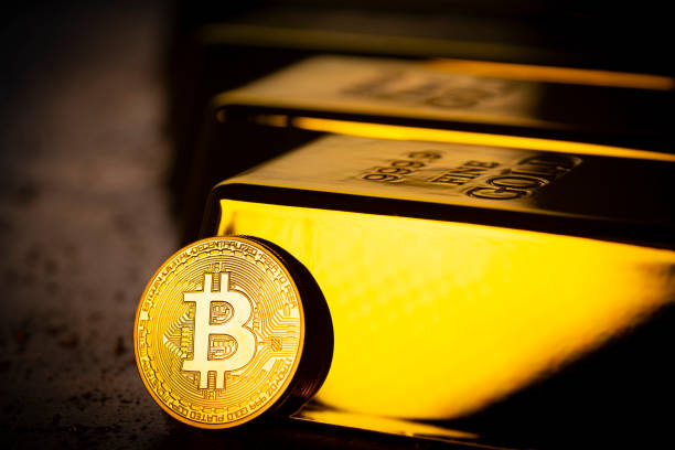 Gold bars and Bitcoin cryptocurrency financial Gold bars and Bitcoin cryptocurrency financial concept gold bitcoin stock pictures, royalty-free photos & images