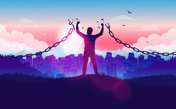 Break free from the chains - Man on hilltop braking the chains with sunrise and city in background Freedom, liberation, hope and justice concept in vector illustration. war bird stock illustrations