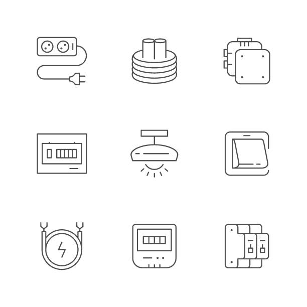 Set line icons of electricity Set line icons of electricity isolated on white. Cable extension, junction box, fusebox, lighting equipment, wall electric switch, meter, circuit breaker. Vector illustration fuse symbol stock illustrations