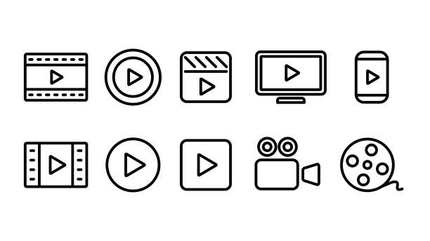 ikona przycisku odtwarzania wideo wideo wiele linii zestaw ilustracji czarno-białe - dvd player computer icon symbol icon set stock illustrations