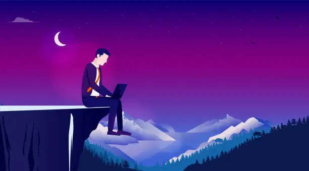 Vector illustration of Working alone. Man sitting on cliff at night working on laptop computer.