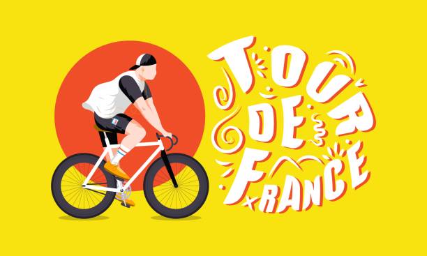 stockillustraties, clipart, cartoons en iconen met de mannen van de reis de s meerdere rasvan de etappe horizontale vectorillustratie met fietsracer op gele achtergrond. - tour de france