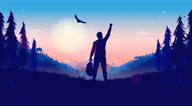 Vector illustration of Hiking freedom - Man with raised hand standing in a beautiful landscape.