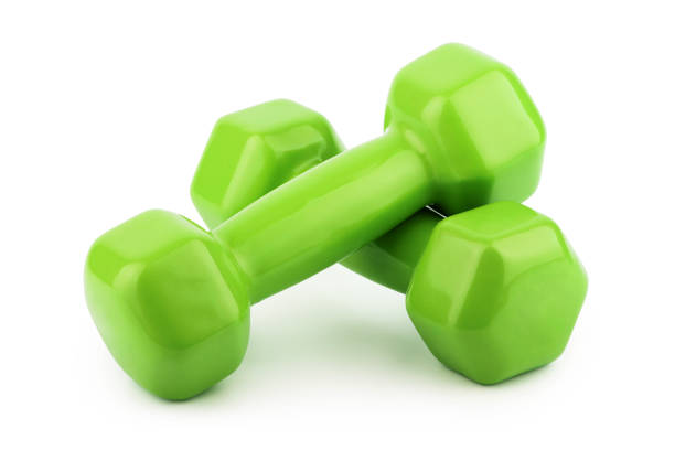 istock Green dumbbells isolated on white background 1220742962