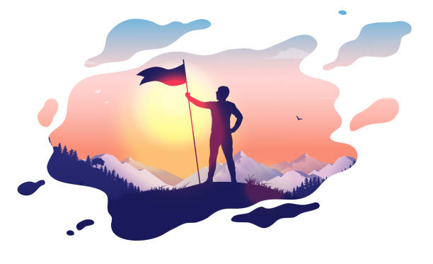 Dream of success - Man holding flag on hilltop in a dreamy fluid shape Raised flag, mountains and landscape. Successful, hope, and life goals concept. Vector illustration. entrepreneur silhouettes stock illustrations