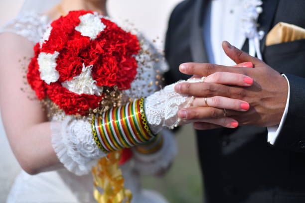 Joined hands of  groom and bride.