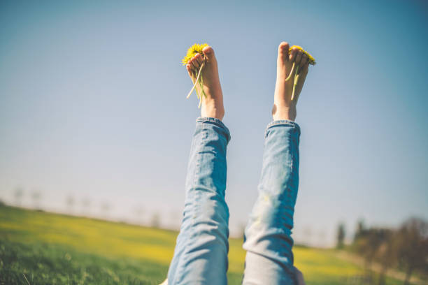 Girl relaxing on the green grass with yellow dandelion between toes in sunny spring day Girl relaxing on the green grass with yellow dandelion between toes in sunny spring day Barefoot stock pictures, royalty-free photos & images