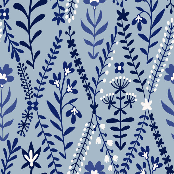 초원 식물, 잔디, 허브, 줄기와 꽃으로 만든 꽃 원활한 패턴. 여름 장식. - branch flower floral pattern leaf stock illustrations