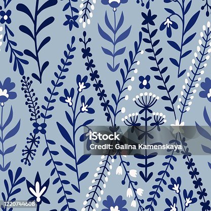 istock Floral seamless pattern made of meadow plants, grass, herbs, stems and flowers. Summer ornament. 1220744608