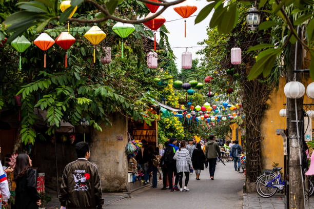 las calles iluminadas con linterna de hoi an en vietnam - formal garden ornamental garden lighting equipment night fotografías e imágenes de stock