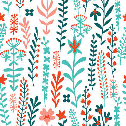 Field meadow plants, grass, herbs, stems and flowers. Silhouettes of botanical elements. Cute floral seamless pattern. Flat drawing. Folk decorative ethnic ornament for baby and kids.