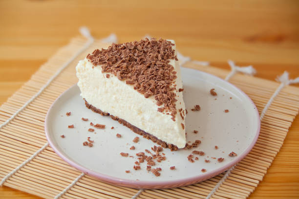 istock chocolate cheesecake on white plate on  wooden table 1220745737