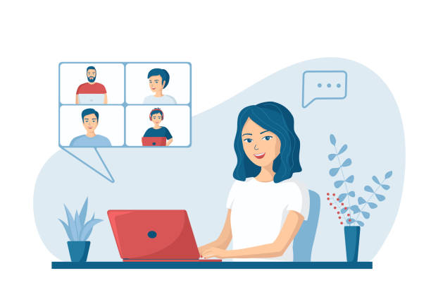 Happy young woman talking to colleagues using a video call. Concept of online conference from home. Remote work from home. Vector illustration in a flat cartoon style. Happy young woman talking to colleagues using a video call. Concept of online conference from home. Remote work from home during quarantine. Vector illustration in a flat cartoon style. using laptop illustrations stock illustrations