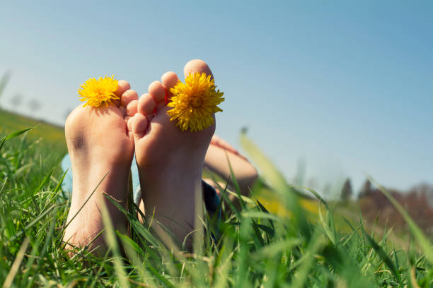 화창한 봄날에 발가락 사이에 노란 민들레와 녹색 잔디에서 휴식 소녀 - women dandelion freedom nature 뉴스 사진 이미지