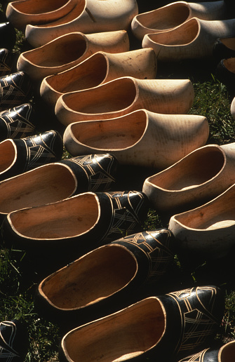 Artisan wooden clogs typical Galician footwear in a market