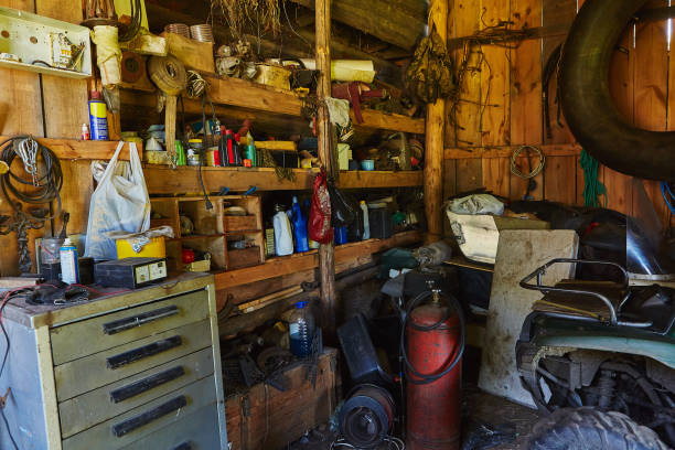 Workshop shed garage with toold for repare and atv inside stock photo