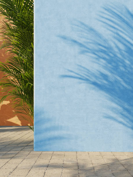 istock Painted orange and light blue wall with green tropical leaves, sunlight with shadows. Summer, spring background. 3d rendering. 1220749095