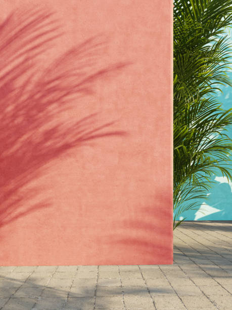 istock Painted red and turquoise wall with green tropical leaves, sunlight with shadows. Summer, spring background. 3d rendering. 1220749249