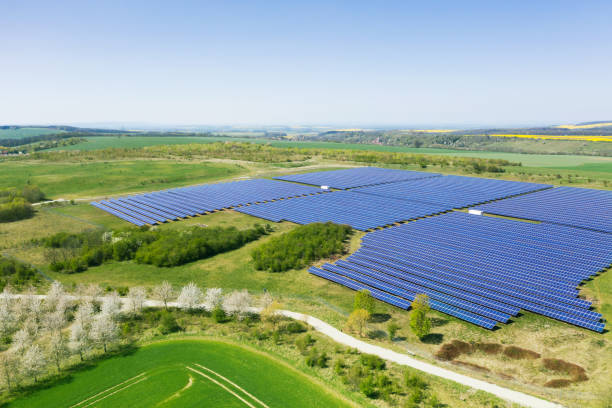 istock Aerial view of a Solar panel energy field in spring 1220749277