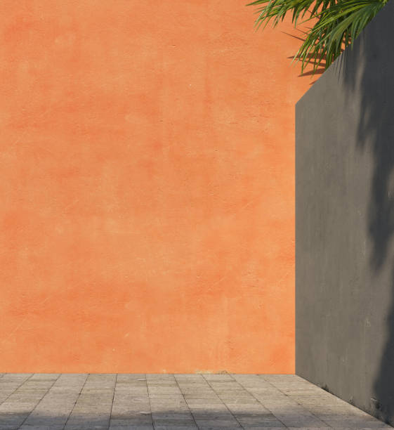 istock Bright painted orange wall with green tropical leaves, sunlight with shadows. Summer, spring background. 3d rendering. 1220750396